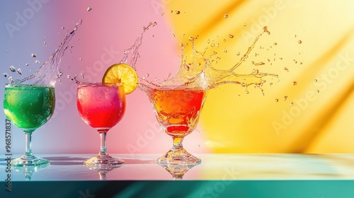 Colorful cocktail splashes frozen mid-action, with shadows dancing across a sleek surface, embodying celebration and joy