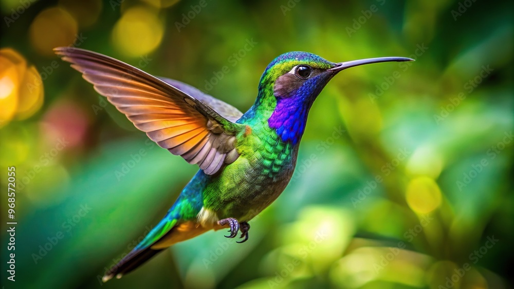 A close up photo of a vibrant hovering hummingbird surrounded by lush green foliage in a serene forest at eye level, sunlight, colorful, wings, bird, habitat, forest, feathers, animal A close up photo of a vibrant hovering hummingbird surrounded by lush green foliage in a serene forest at eye level, sunlight, colorful, wings, bird, habitat, forest, feathers, animal