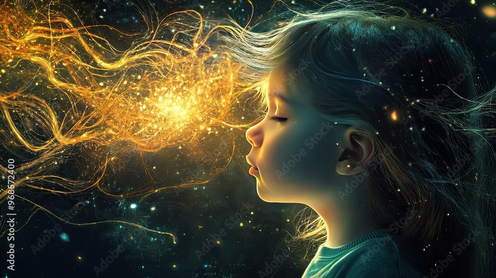 Conceptual art of a child's brain showcasing electric currents and complex neuron networks, highlighting the mind Conceptual art of a child's brain showcasing electric currents and complex neuron networks, highlighting the mind