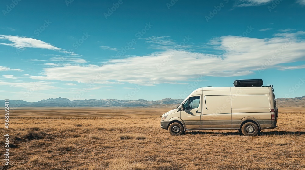 Fototapeta premium A sustainable adventure van parked in the vast desert. It provides energy as travelers capture distant landscapes.