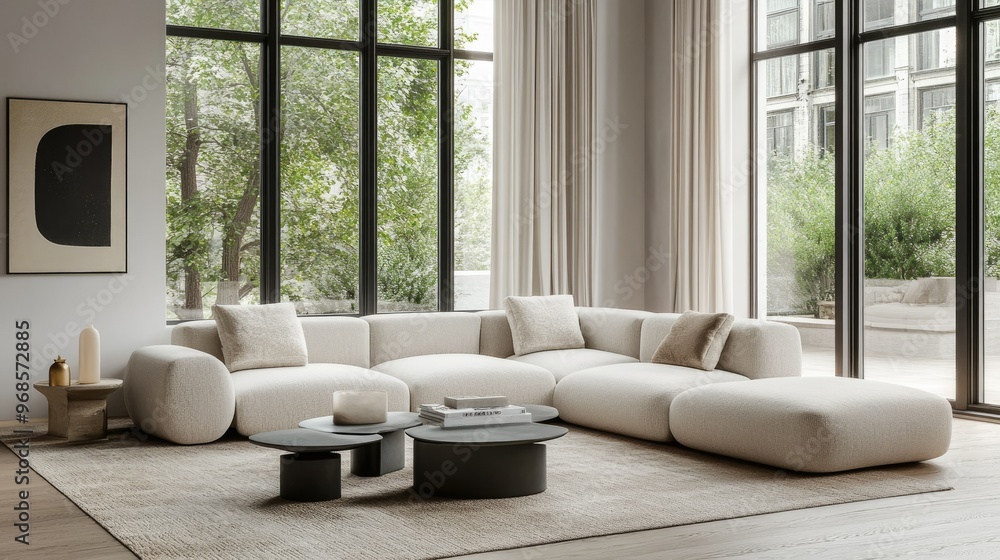 Fototapeta premium Contemporary living room featuring a stylish sectional sofa, modern decor, and large windows, creating an elegant, sunlit space.