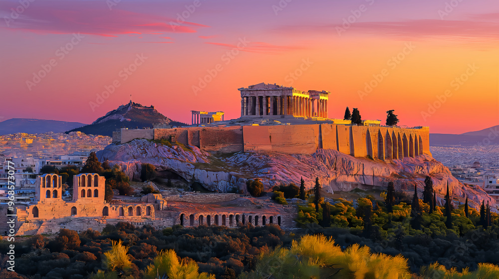Fototapeta premium a view of the acropolis in greece bathed in the warm light of the sunset