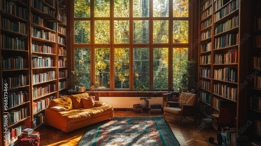 Fototapeta premium Cozy home library with tall wooden bookshelves filled with colorful books, a comfy seating area bathed in warm sunlight from large windows.