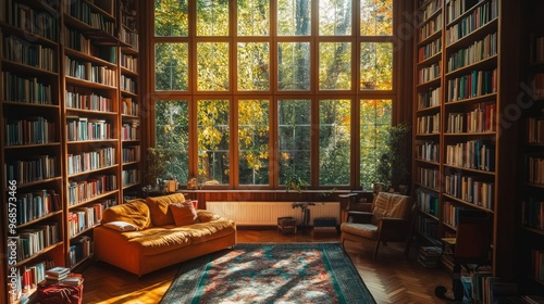 Cozy home library with tall wooden bookshelves filled with colorful books, a comfy seating area bathed in warm sunlight from large windows.