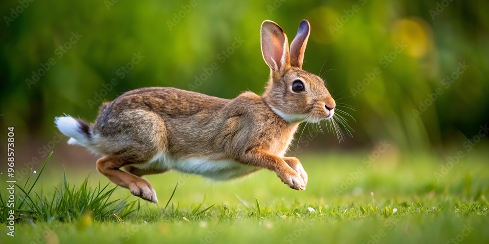 Fototapeta premium A brown and white bunny rabbit runs quickly across a grassy field, its ears back and its body