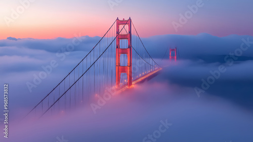 the golden gate bridge in san francisco, covered by clouds during sunset