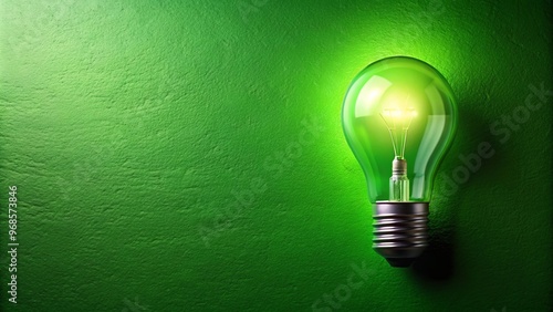 A green lightbulb on a green wall with a lightbulb design, representing creativity and innovation