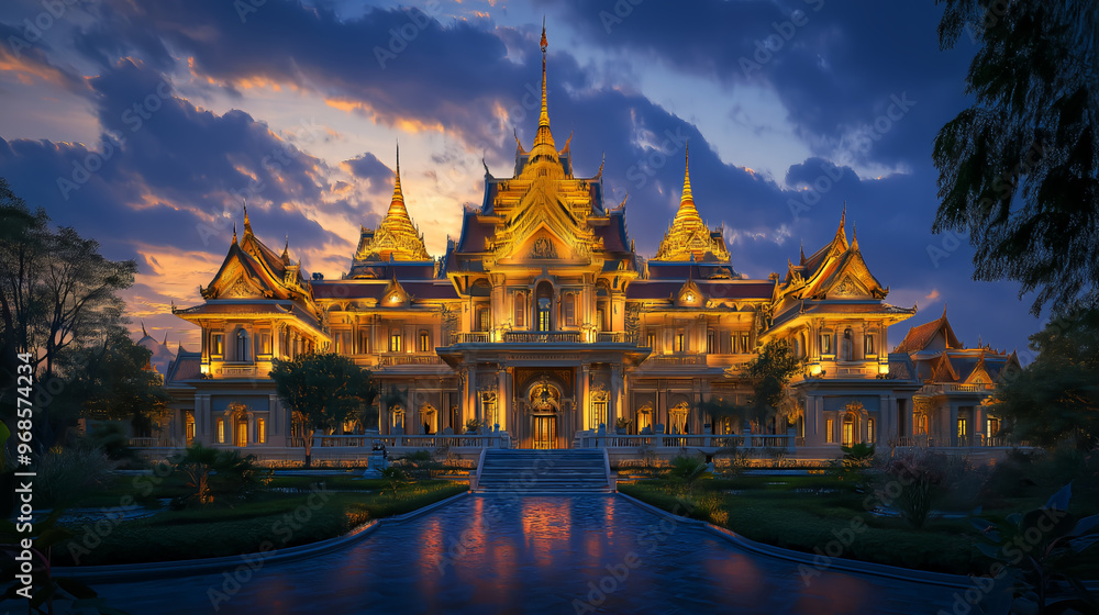 Fototapeta premium the grand palace of bangkok in thailand is illuminated by golden lights during the evening