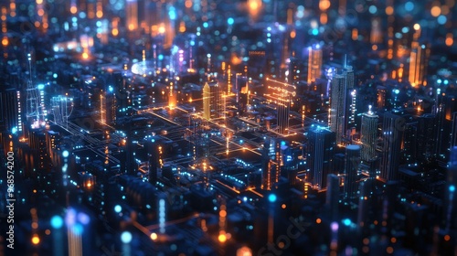 Digital connectivity overlay on a smart cityscape, representing the interconnectedness of technology and community in modern urban life