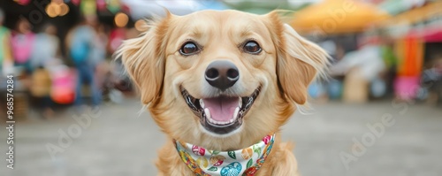 A dog wearing a coffee-themed bandana at a festival, dog, coffee bandana, festival photo