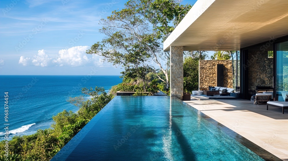 Fototapeta premium Serene Oceanfront Villa: A Stunning Poster for Relaxation Spaces, Featuring Majestic Trees, Flowing Pool, and Rich Blue Palette – Perfect for Sports Interiors!