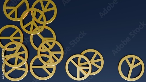 A 3D rendering of scattered gold peace symbol. it is a widely recognized international symbol of peace, anti-war, and anti-violence movements photo