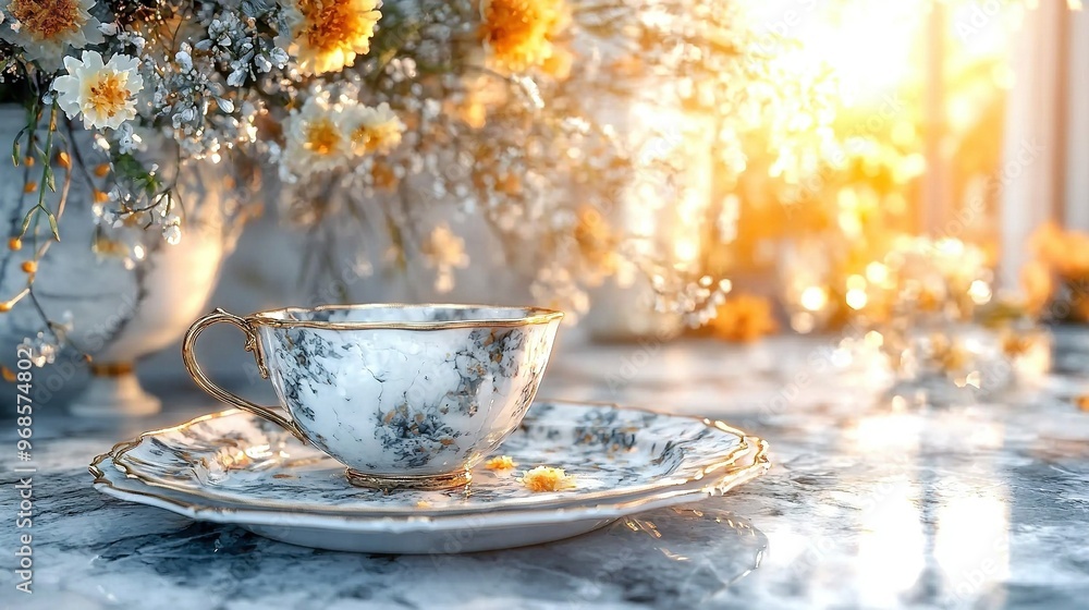 A cup and saucer rest atop a table, beside a vase adorned with yellow and white blossoms A cup and saucer rest atop a table, beside a vase adorned with yellow and white blossoms