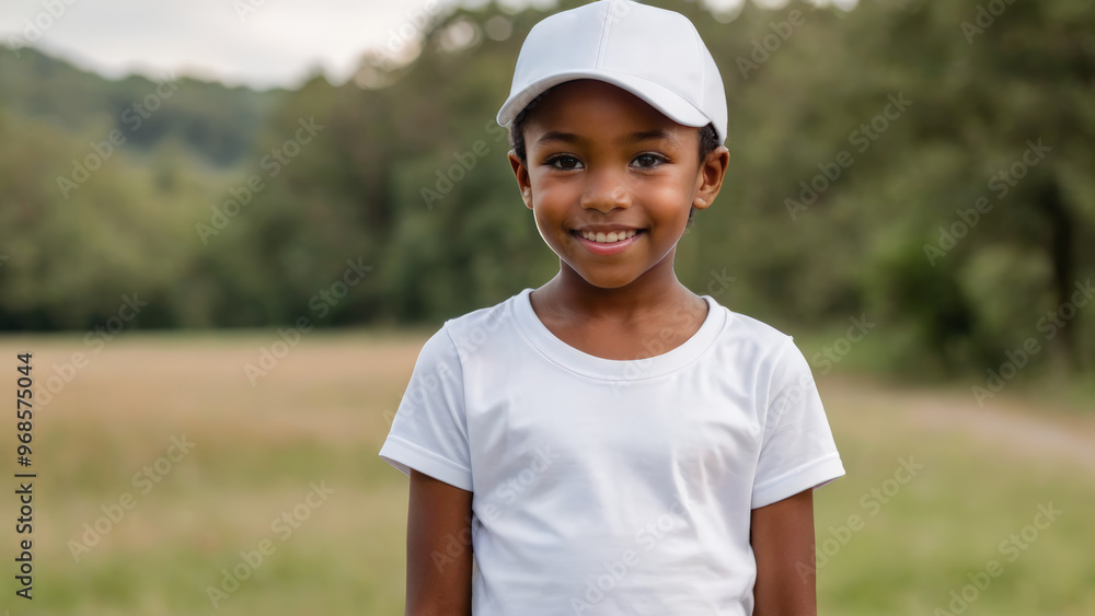Little black girl with short hair wearing white t-shirt and white baseball cap standing in nature Little black girl with short hair wearing white t-shirt and white baseball cap standing in nature