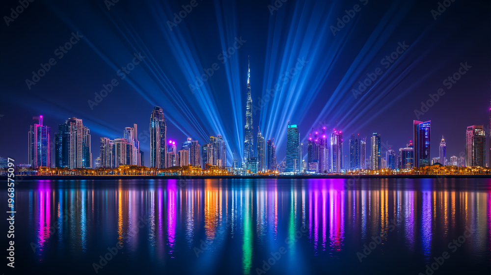 Fototapeta premium the illuminated skyline of dubai at night, with the lights reflecting on the river