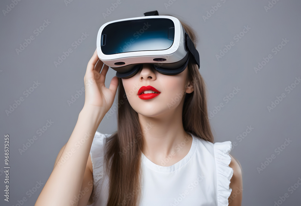 Virtual experience, a young woman using virtual reality glasses, playing a game or interacting with a metaverse, portrait in profile on a black background
Virtual experience, a young woman using virtual reality glasses, playing a game or interacting with a metaverse, portrait in profile on a black background