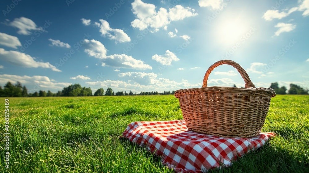 Empty wicker picnic basket with checkered tablecloth on a grassy meadow under a sunny blue sky, perfect outdoor setting for a picnic scene. Empty wicker picnic basket with checkered tablecloth on a grassy meadow under a sunny blue sky, perfect outdoor setting for a picnic scene.