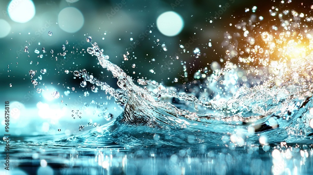 A close-up of water splashing on top of a body of water with a bokeh of light in the background A close-up of water splashing on top of a body of water with a bokeh of light in the background