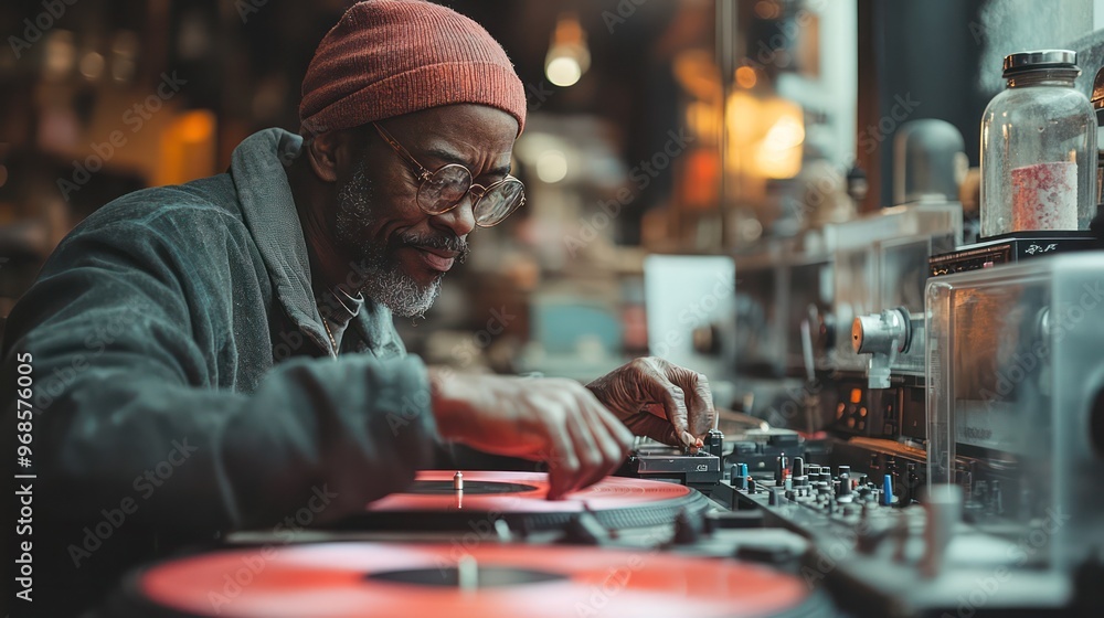 An artisan crafting custom vinyl records by hand, focusing on precision and quality in the pressing process An artisan crafting custom vinyl records by hand, focusing on precision and quality in the pressing process