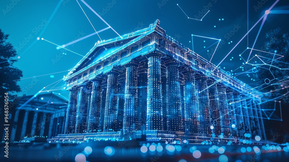Obraz premium Hologram of an ancient Greek temple surrounded by glowing data connections, with a background building featuring columns, blending historical architecture with modern financial technology in a futuris