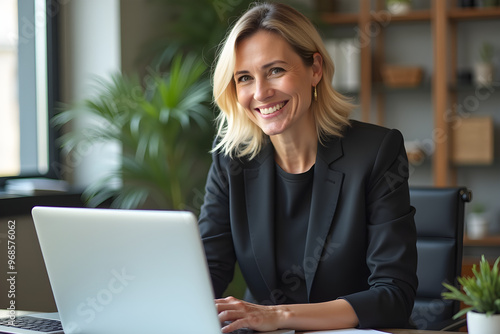 a woman sits at a laptop in the office