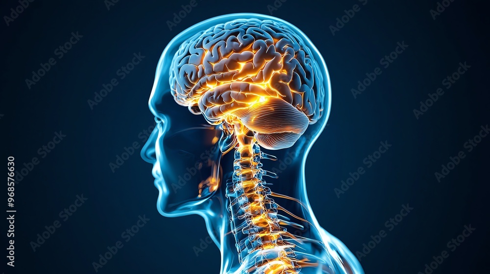 An artistic representation of a human brain and spine, showcasing neural connections and anatomical structure in a modern style. An artistic representation of a human brain and spine, showcasing neural connections and anatomical structure in a modern style.