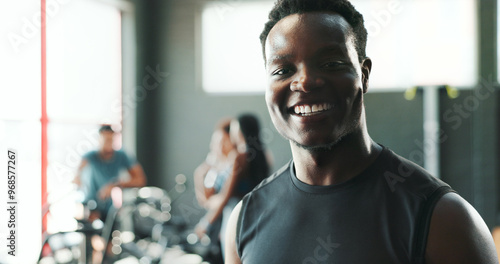 Fotografie Fitness, portrait and smile of black man in gym for break from class, training or workout