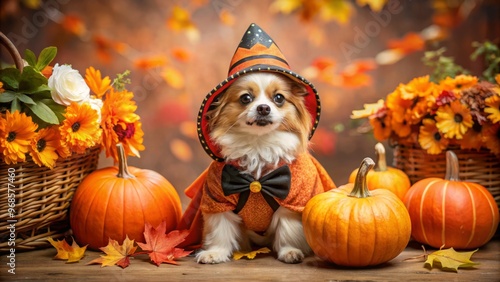 Adorable critter donned a dapper Halloween costume, blending with autumnal hues and whimsical decorations, inviting all photo