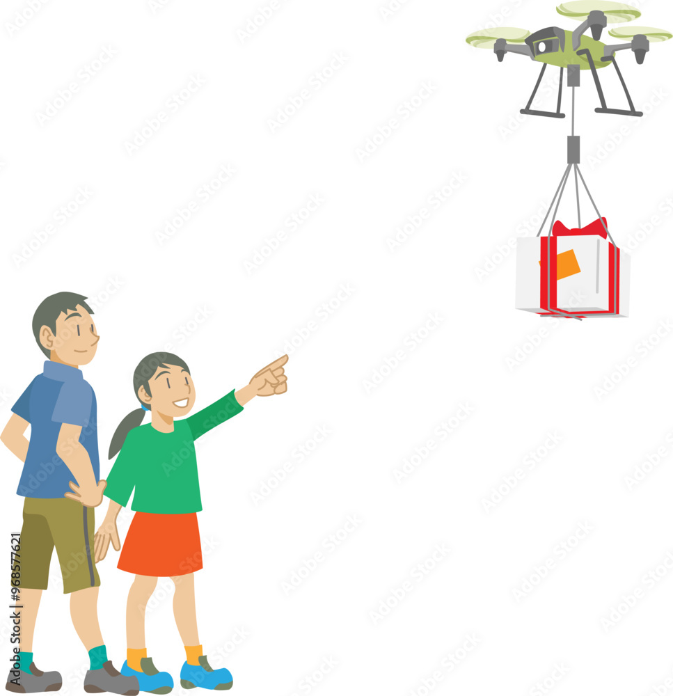 ドローンが運ぶプレゼントを見上げる子供達 ドローンが運ぶプレゼントを見上げる子供達