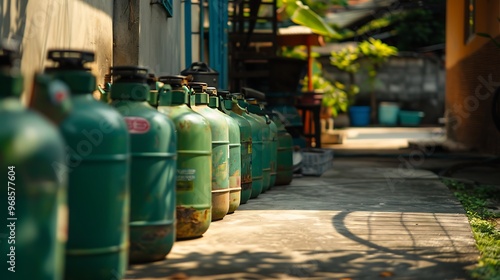 Tabung gas cylinder 3kg laid on cement plastered floor small green gas bottles for home cooking or street food photo