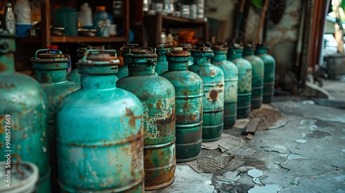 Tabung gas cylinder 3kg laid on cement plastered floor small green gas bottles for home cooking or street food