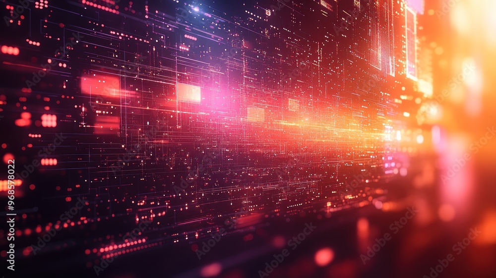 Fototapeta premium Abstract digital landscape with vibrant light trails and patterns.