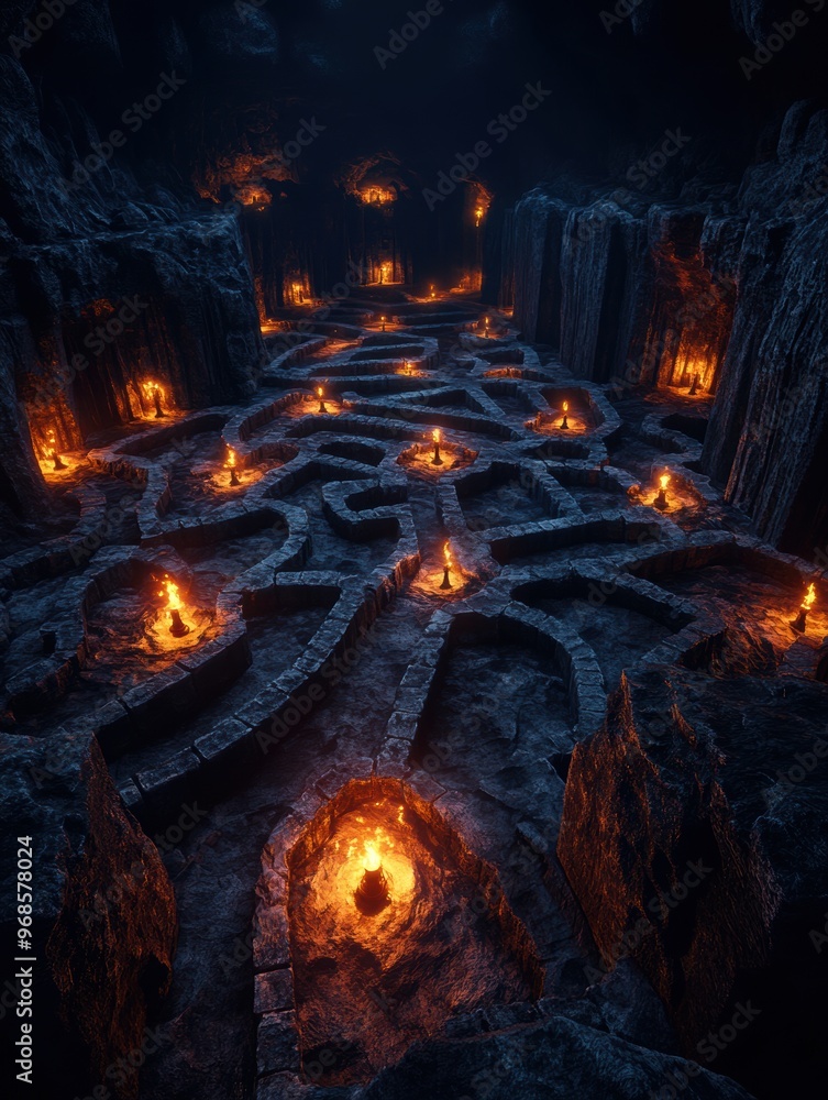 Fototapeta premium underground stone maze with flickering torches lighting the way through dark, mysterious passages.