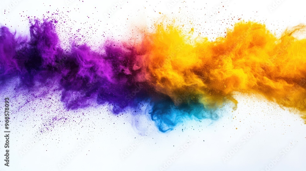 Holi powder bursting in yellow, purple, orange, and blue hues, creating an energetic and colorful display against a white backdrop. Holi powder bursting in yellow, purple, orange, and blue hues, creating an energetic and colorful display against a white backdrop.