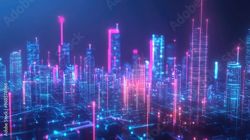 High-tech smart city with glowing connectivity lines, representing a futuristic digital network connecting urban infrastructure photo