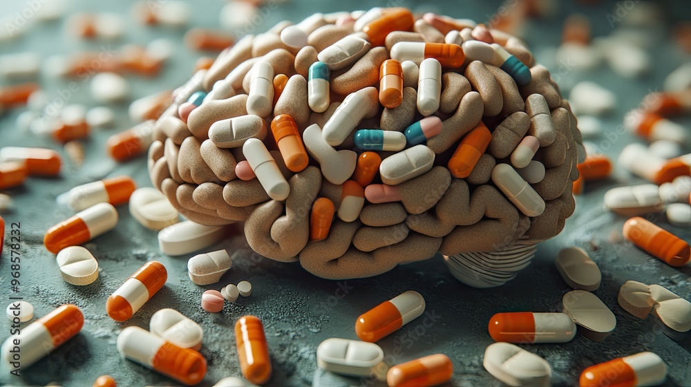 Human brain made of scattered pills in a surreal visual, representing mental health struggles and the impact of pharmaceutical treatments. Human brain made of scattered pills in a surreal visual, representing mental health struggles and the impact of pharmaceutical treatments.