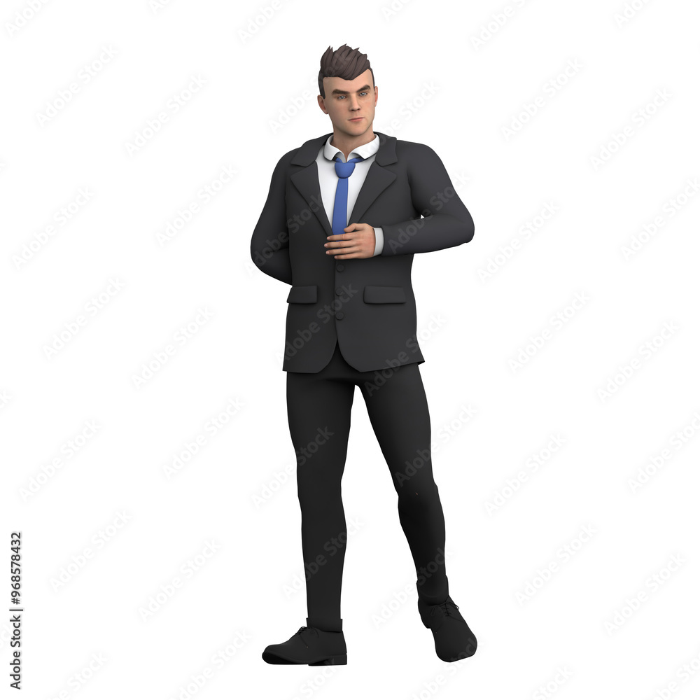Male Lawyer in 3D. A male lawyer stands with his hand behind his body and his other hand on his chest, as if listening to a point in a presentation. Legal Scene Illustration Male Lawyer in 3D. A male lawyer stands with his hand behind his body and his other hand on his chest, as if listening to a point in a presentation. Legal Scene Illustration