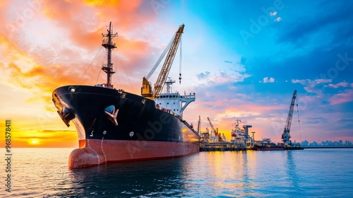 Cargo Ship Docked at Sunset with Vibrant Sky and Cranes