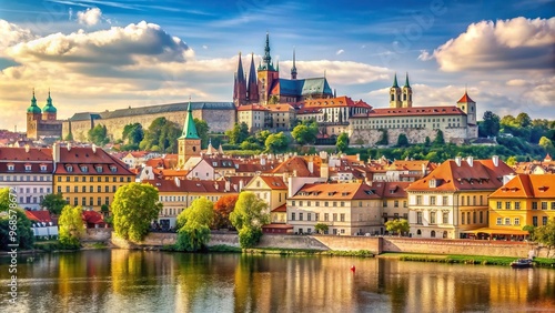 Prague panorama showcasing the magnificent Prague Castle overlooking the picturesque river Vltava framed by stunning architecture historical landmarks and charming scenery, Europe,Prague