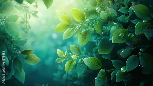 Lively green leaves illuminated by soft light on a mysterious, dreamlike background, representing growth and the magic of nature.