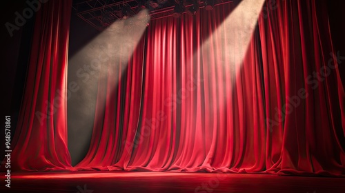 Luxurious red curtains draped across a stage, with a single spotlight shining down, creating an elegant theatrical scene. photo