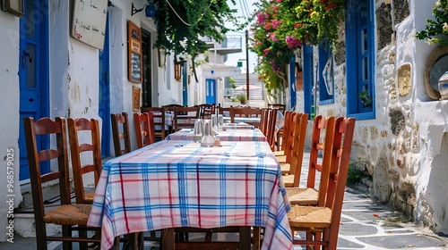 Fototapeta Naklejka Na Ścianę i Meble -  The tables of the street restaurant in greece are prepared for customers