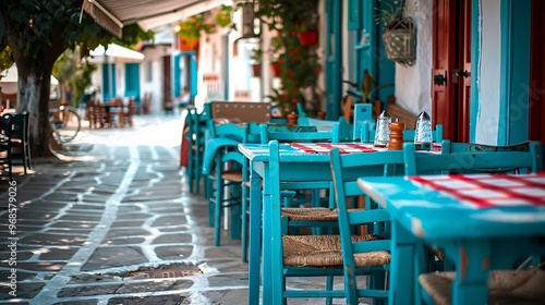 Fototapeta Naklejka Na Ścianę i Meble -  The tables of the street restaurant in greece are prepared for customers