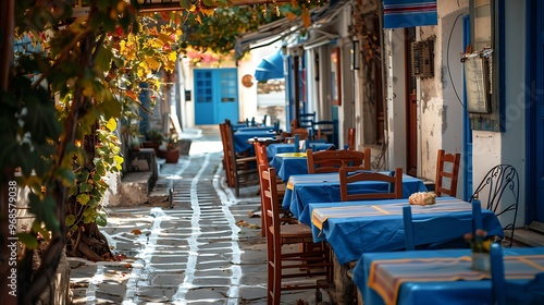 The tables of the street restaurant in greece are prepared for customers