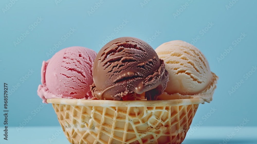 Three different scoops of ice cream lie in a waffle basket on a blue background Three different scoops of ice cream lie in a waffle basket on a blue background