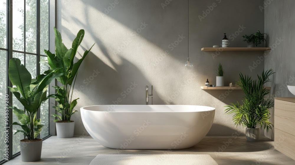 Minimalist bathroom with a white freestanding tub, soft natural light, and potted plants creating a calming, contemporary space Minimalist bathroom with a white freestanding tub, soft natural light, and potted plants creating a calming, contemporary space
