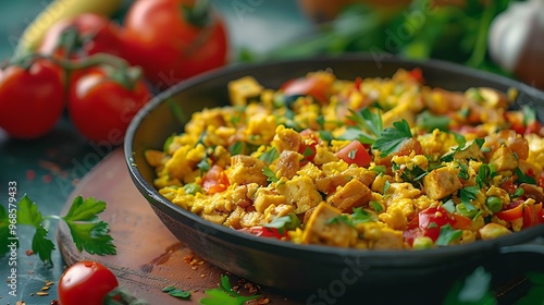 Tofu scramble with vegetables on the table