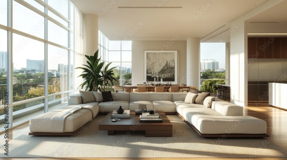 Fototapeta premium Modern living room design with a comfortable sectional sofa, elegant decor, and natural light flooding in from large windows.