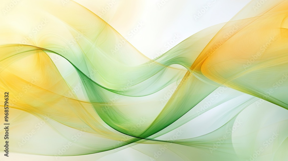 Fototapeta premium Modern design with abstract, translucent yellow and green waves, softly curving and blending on a smooth background.