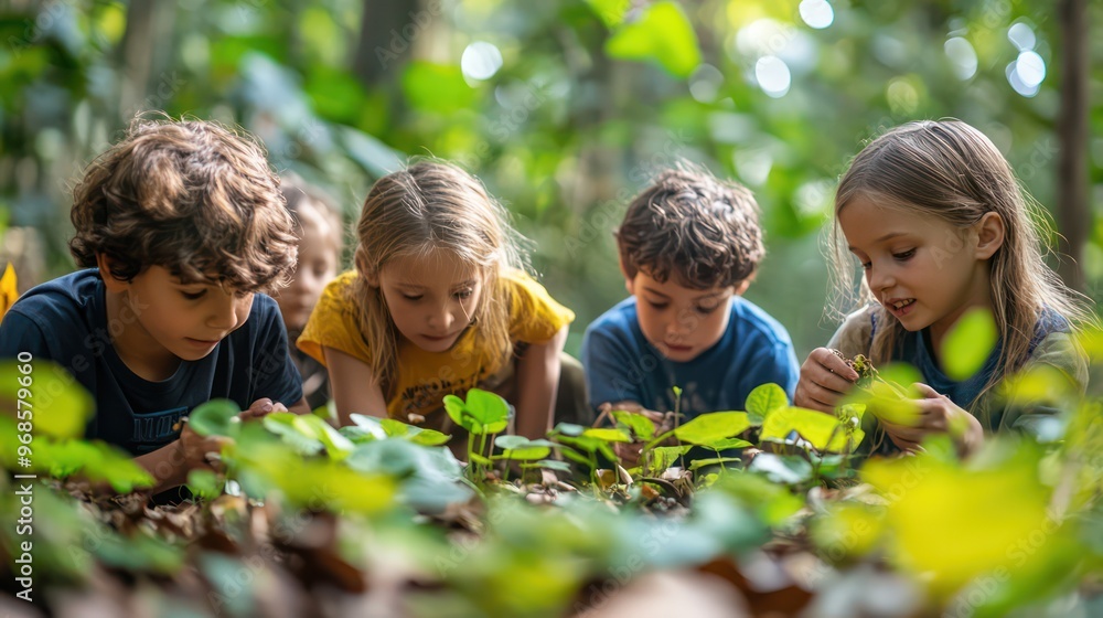 Kids engaged in nature learning, identifying plants and animals in the forest, expanding their knowledge of the environment Kids engaged in nature learning, identifying plants and animals in the forest, expanding their knowledge of the environment